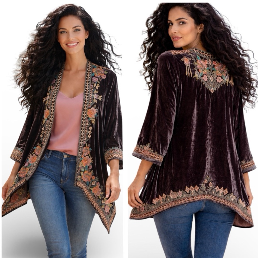 Johnny Was "Tinasha" heavily embroidered velvet, kimono jacket NWT